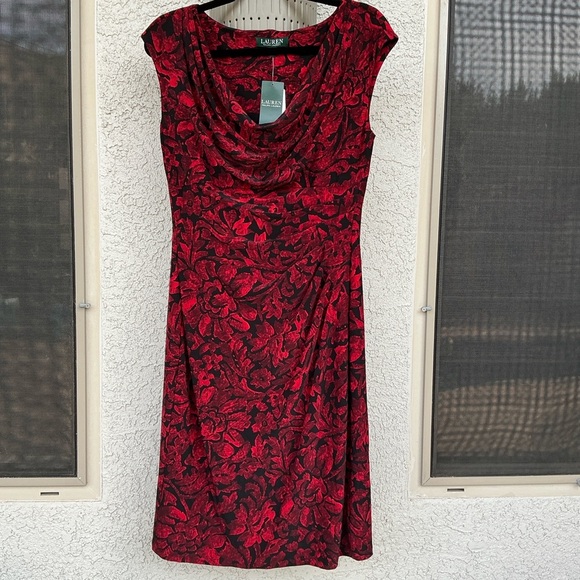 NWT Ralph Lauren Cowl Neck Jersey Sheath Floral Midi Dress Size 10 Cocktail Red - Picture 2 of 9